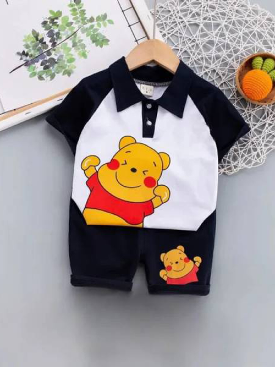 Bear Cartoon Print Baby & Kids Polo T-Shirt Set Black | Legacy Boutiques Dhaka Bangladesh